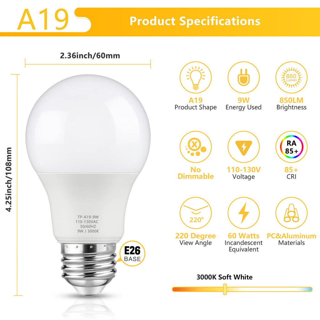 Maylaywood A19 LED Light Bulbs, 60 Watt Equivalent, Soft White 3000K, 850LM, E26 Base, Non-Dimmable, 9W Bright White LED Bulb, 4-Pack