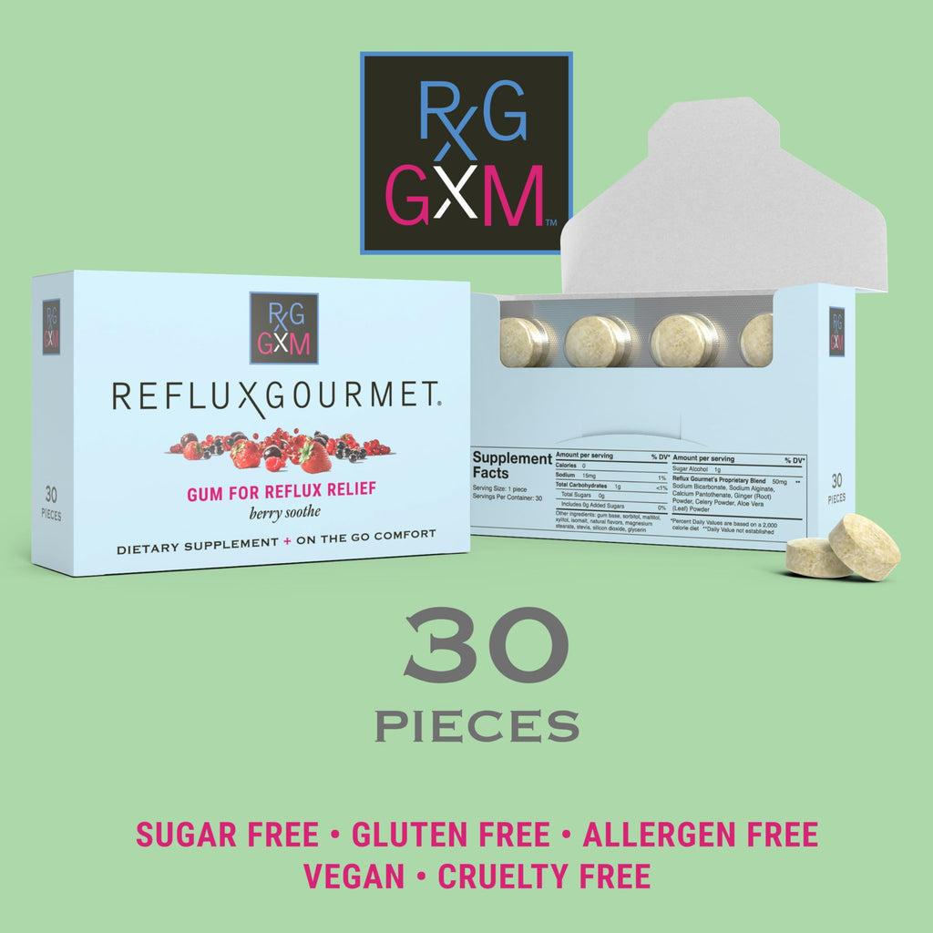REFLUX GOURMET Berry Soothe Gum Alginate Therapy Sodium Bicarbonate Gum for Acid Reflux, Oral, Cognitive, and Digestive Support, Natural with Ginger, Celeriac and Aloe, Sugar Free, Gluten Free, Vegan