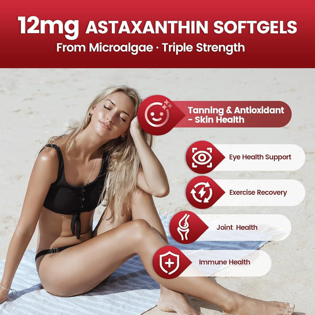 10 in 1 Astaxanthin Supplements 12mg, 8 Month Supply, Astaxantina Antioxidant from Fresh Haematococcus Pluvialis, Contains Lycopene, Grape Seed, Vitamin E, More Supports Eye, Joints, Skin Health, 2Bag