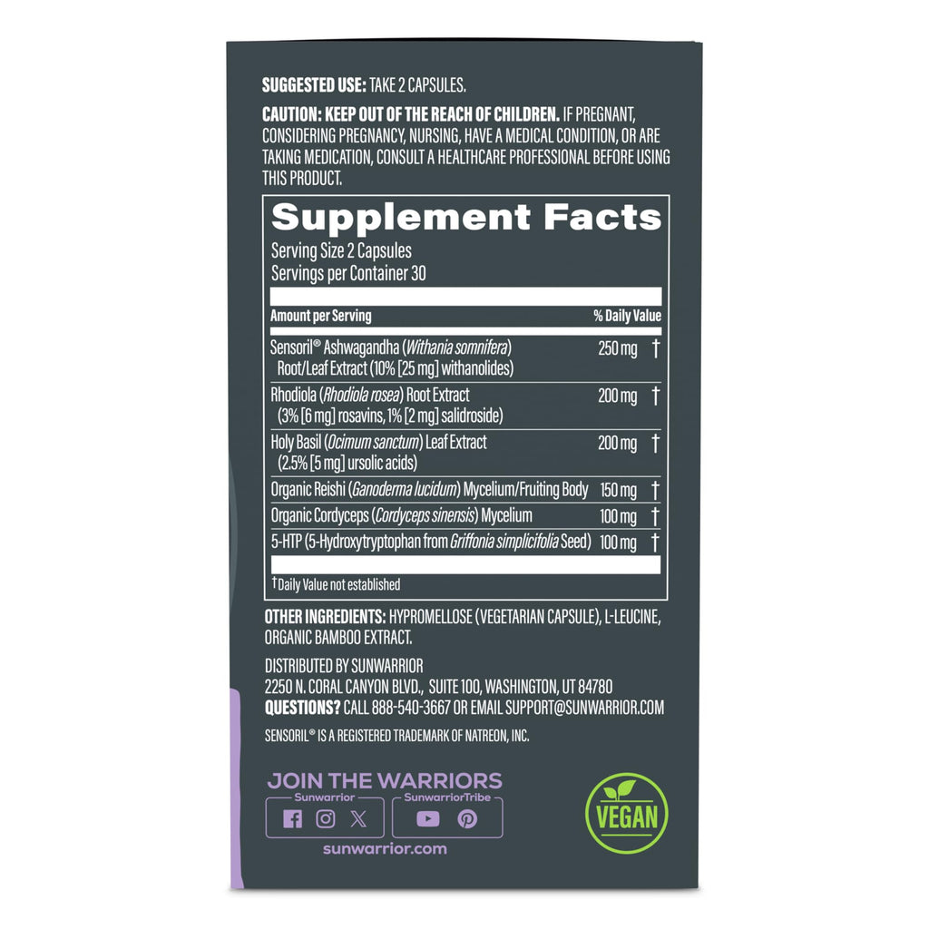 Ashwagandha, Rhodiola, Reishi & 5-HTP for Stress-Free Focus Active Focus & Balance Capsules Caffeine-Free Nootropic for Calm Energy & Mental Clarity, Mood & Immune Support 60 Vegan Capsules