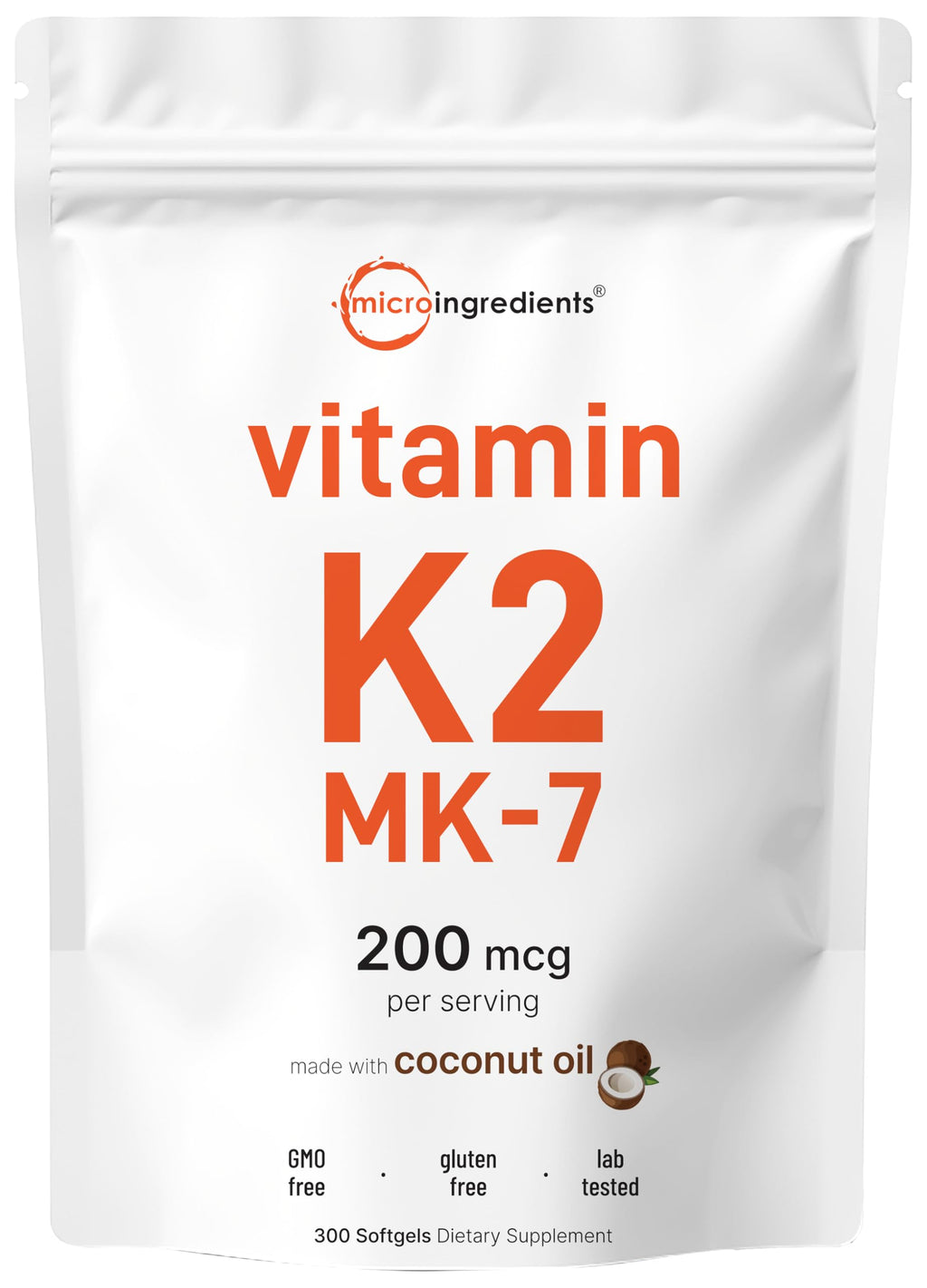 Micro Ingredients Vitamin K2 MK-7 Supplement, 200 mcg Per Serving, 300 Coconut Oil Softgles | Easily Absorbed, Active Menaquinone Form | Non-GMO