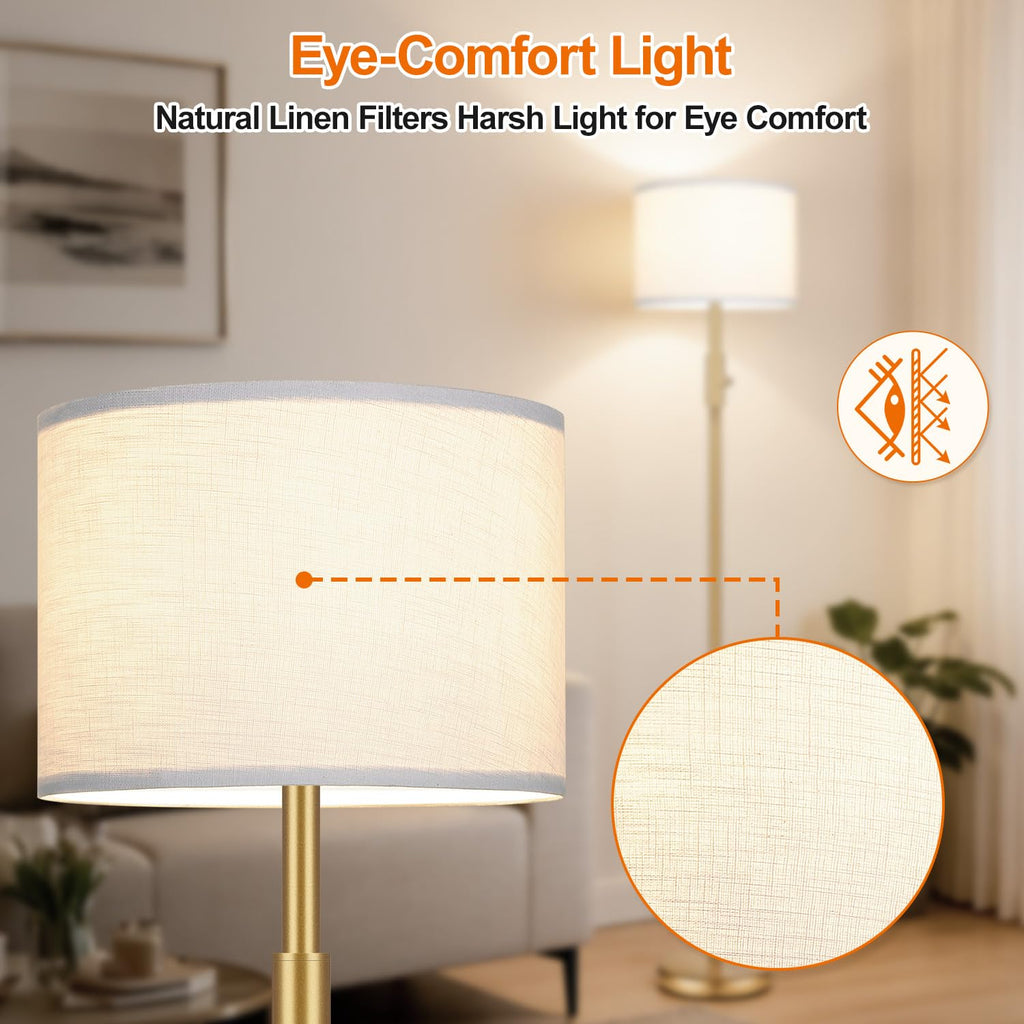 Yemela 【Upgraded】 Dimmable Gold Floor Lamps for Living Room, 9W LED Bulb Included, Modern Standing Lamp with White Lamp Shade, Tall Pole Light for Bedroom Reading Office Corner Nursery