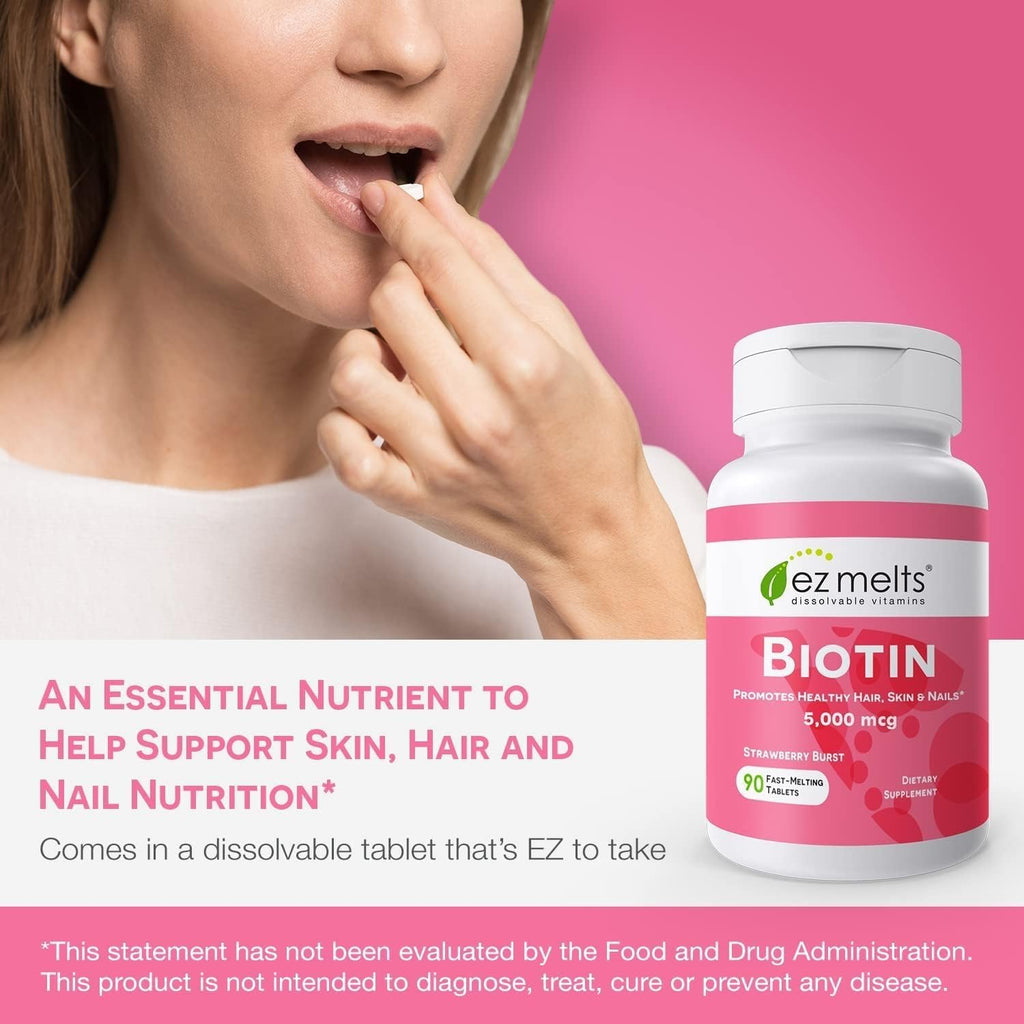 EZ Melts Biotin - Daily Vitamin B7 for Healthy Hair, Skin & Nails - Energy Metabolism Support - No Artificial Flavors - Non-GMO & Vegan - Strawberry Burst - 180 Dissolvable Tablets (180 Servings)