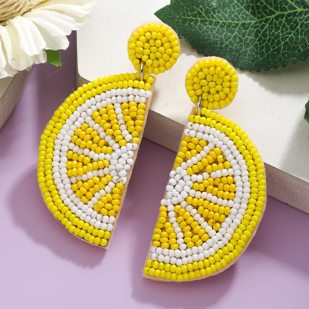 Beaded Yellow Lemon Dangle Earrings for Women, Vibrant Handmade Beads Lemon Fruit Statement Earring for Summer Jewelry Gifts