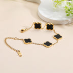 AIPPK 18K Gold Plated Clover Lucky Bracelet for Women White/Black/Red/Green Flower Four Leaf Link Bracelets Trendy Jewelry Gifts for Women (White+Black)