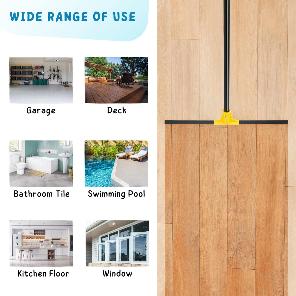 Floor Squeegee for Concrete and Tile Cleaning, 24'' Rubber Wiper Broom, Large Heavy Duty Water Scraper with 60'' Long Handle for Garage, Deck, Bathroom, Shower Glass, Window