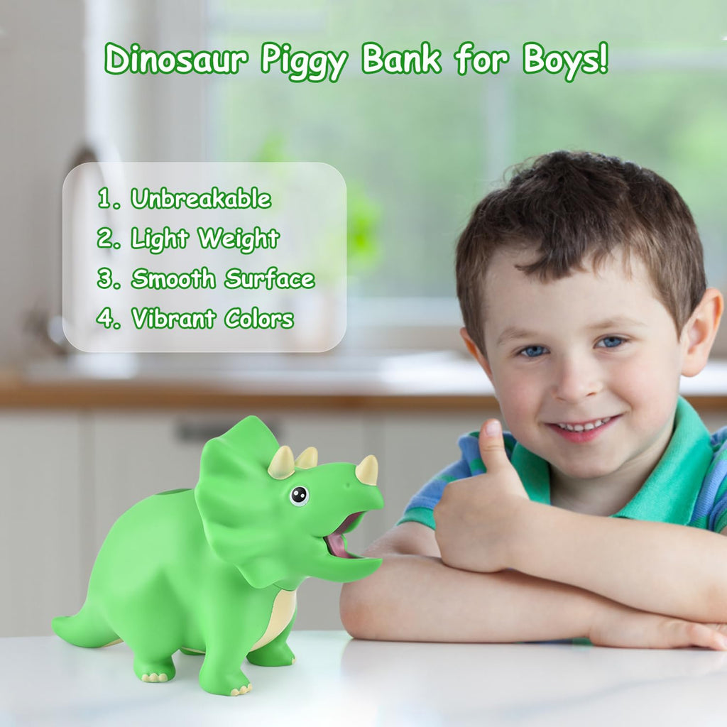 PJDRLLC Dinosaur Piggy Bank for Kids, Unbreakable Plastic Money Coin Bank for Boys and Girls, Great Gifts for Birthday, Easter, Christmas (Green)