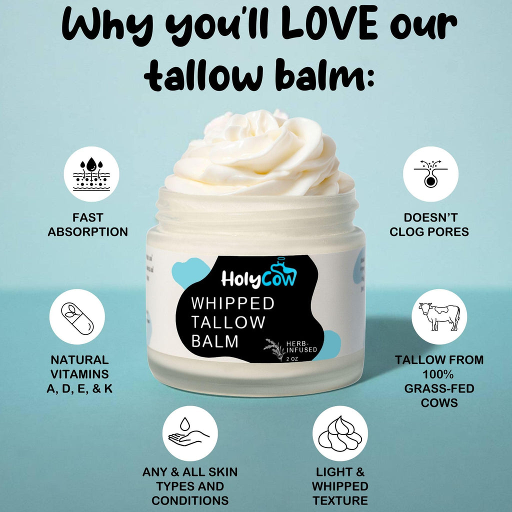 HolyCow Beef Tallow For Skin - Whipped Tallow Balm with Organic Jojoba Oil (Unscented/Herb-Infused), Grass Fed Beef Tallow Face Moisturizer for Eczema, Baby, Lip Balm - Lotion For Extremely Dry Skin