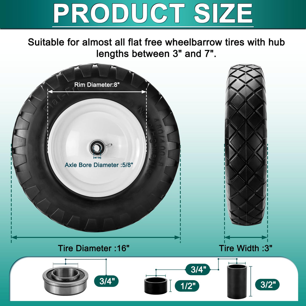 4.80/4.00-8 Flat Free Tire and Wheel- 16" Flat-Free Solid Wheelbarrow Tires with 5/8" & 3/4" Bearings, 3"-7" Centered Hub by Cenipar Universal Fit for Wheelbarrow,Hand Truck,Garden Trailer,Trolley