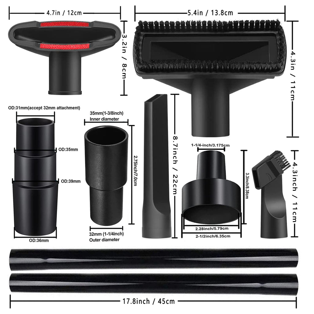 14Pcs Universal Vacuum Attachment Professional Shop Vac Accessories Wet Dry Vacuum Hose Adapter with Hair Brush Extension Wand Flexible Crevice Tool fit 2 1/2" to 1 1/4" and 1 7/8" to 1" Vacuum Hose