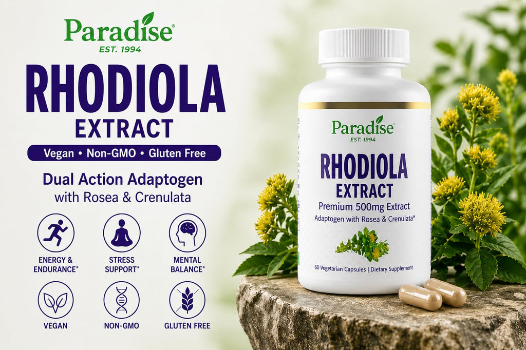 Paradise Herbs Rhodiola Extract 500mg, Super Potent Antioxidant, Ultra Pure, Vegan, Non-GMO, Gluten Free, 60 Vegetarian Capsules