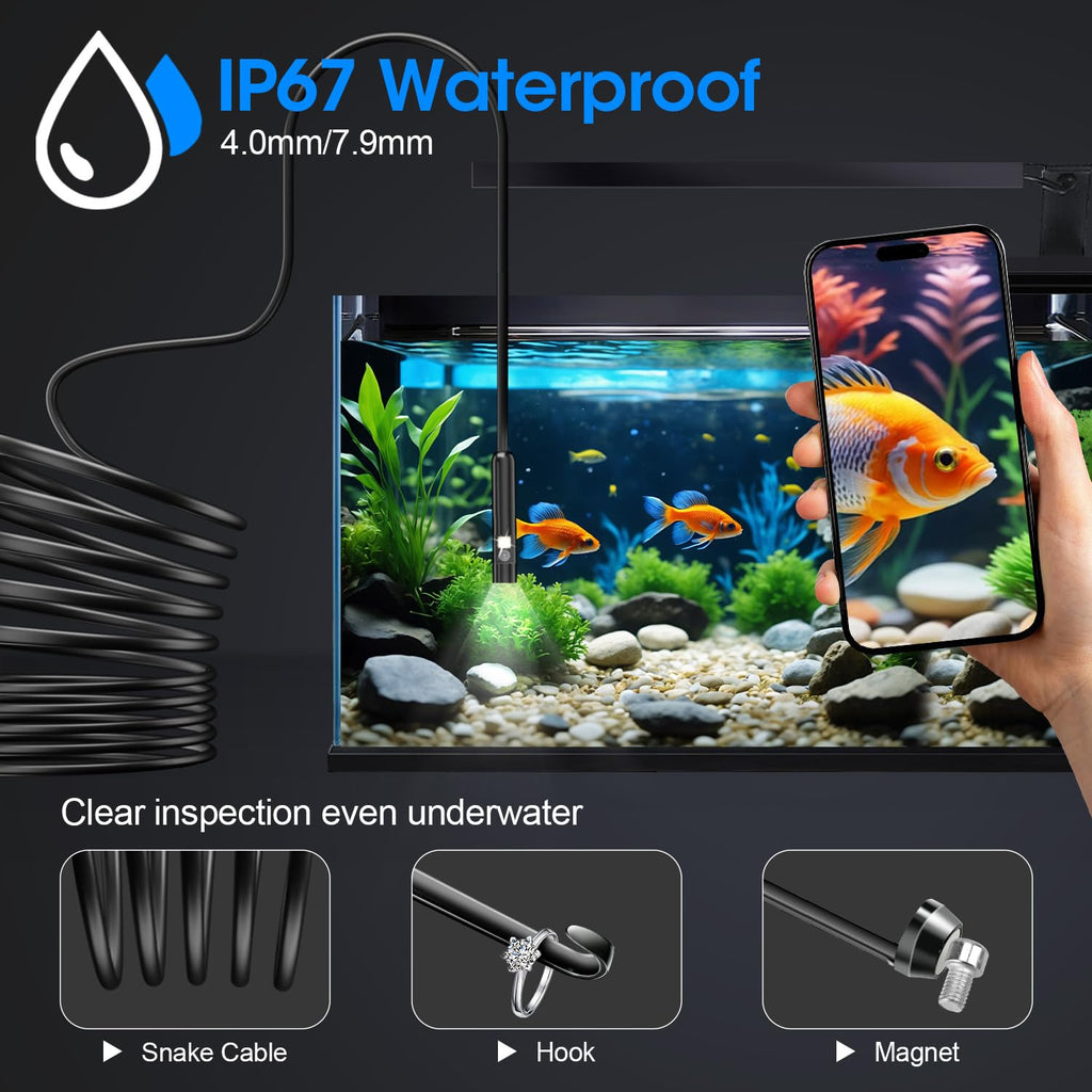 Endoscope with Light, 1920P HD Borescope with 8 Adjustable LED Lights, Semi-Rigid Snake Camera, IP67 Waterproof Inspection Tool (9.8ft, Black + Dual Lens Wiring Harness)