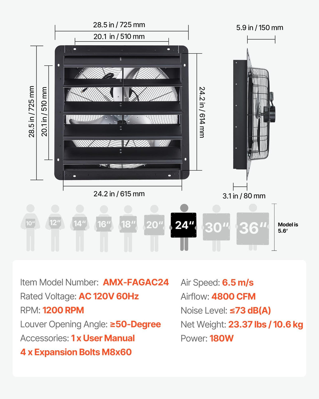 VEVOR 24'' Exhaust Fan, Wall Mounted Attic Fan with Variable Speed controller, 4800 CFM, Automatic Shutter, Ventilation and Cooling, Black