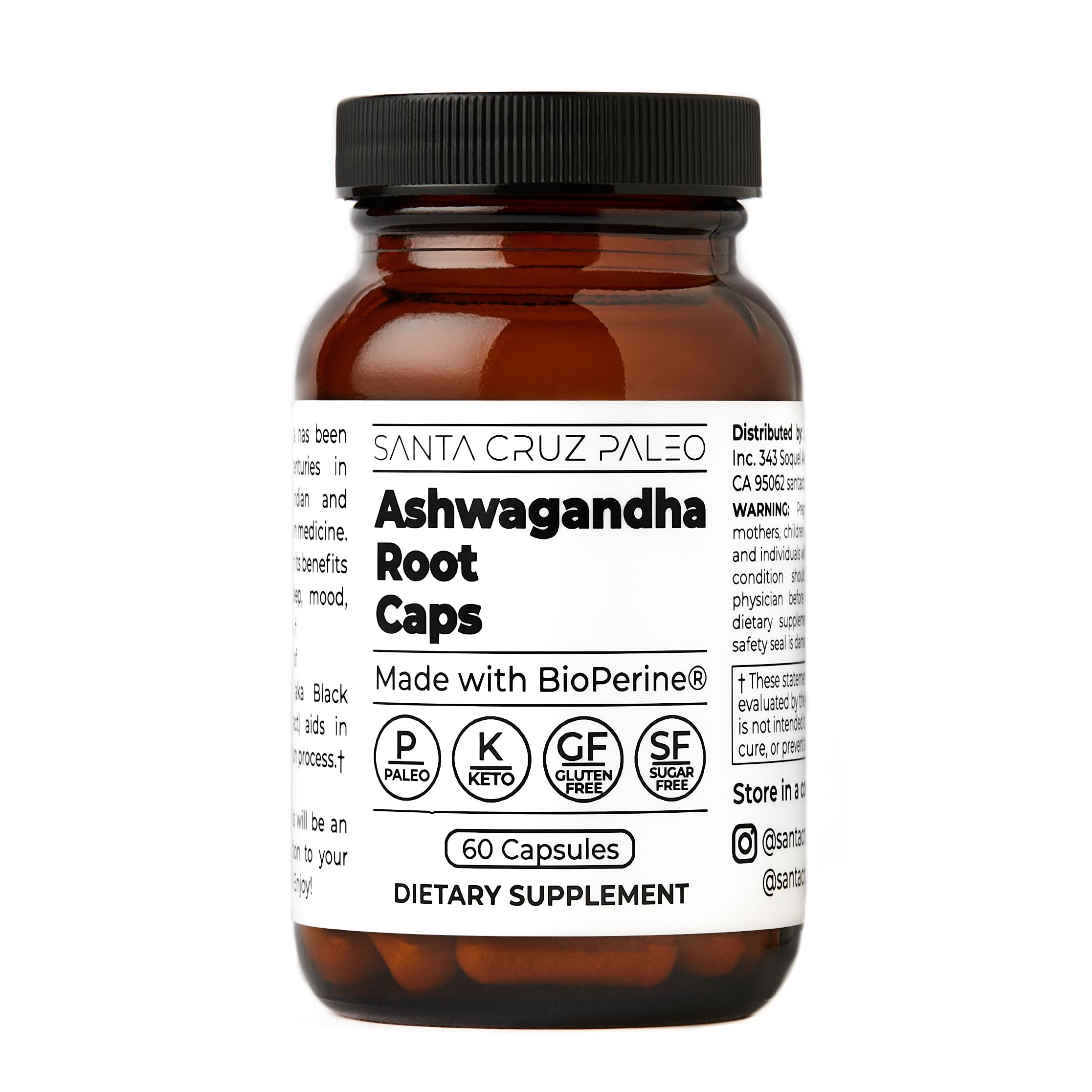 Santa Cruz Paleo, Ashwagandha Root with BioPerine, Herbal Supplement for Focus, Stress Support Adaptogen for Men and Women, Gluten Free, Vegetarian, Keto Friendly, 600MG Capsules, 60 Count
