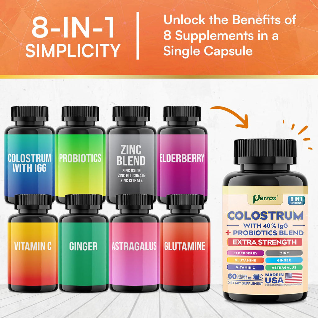 Colostrum Supplement Capsules, Grass Fed 40% IgG, 8-in-1, 180 Capsules