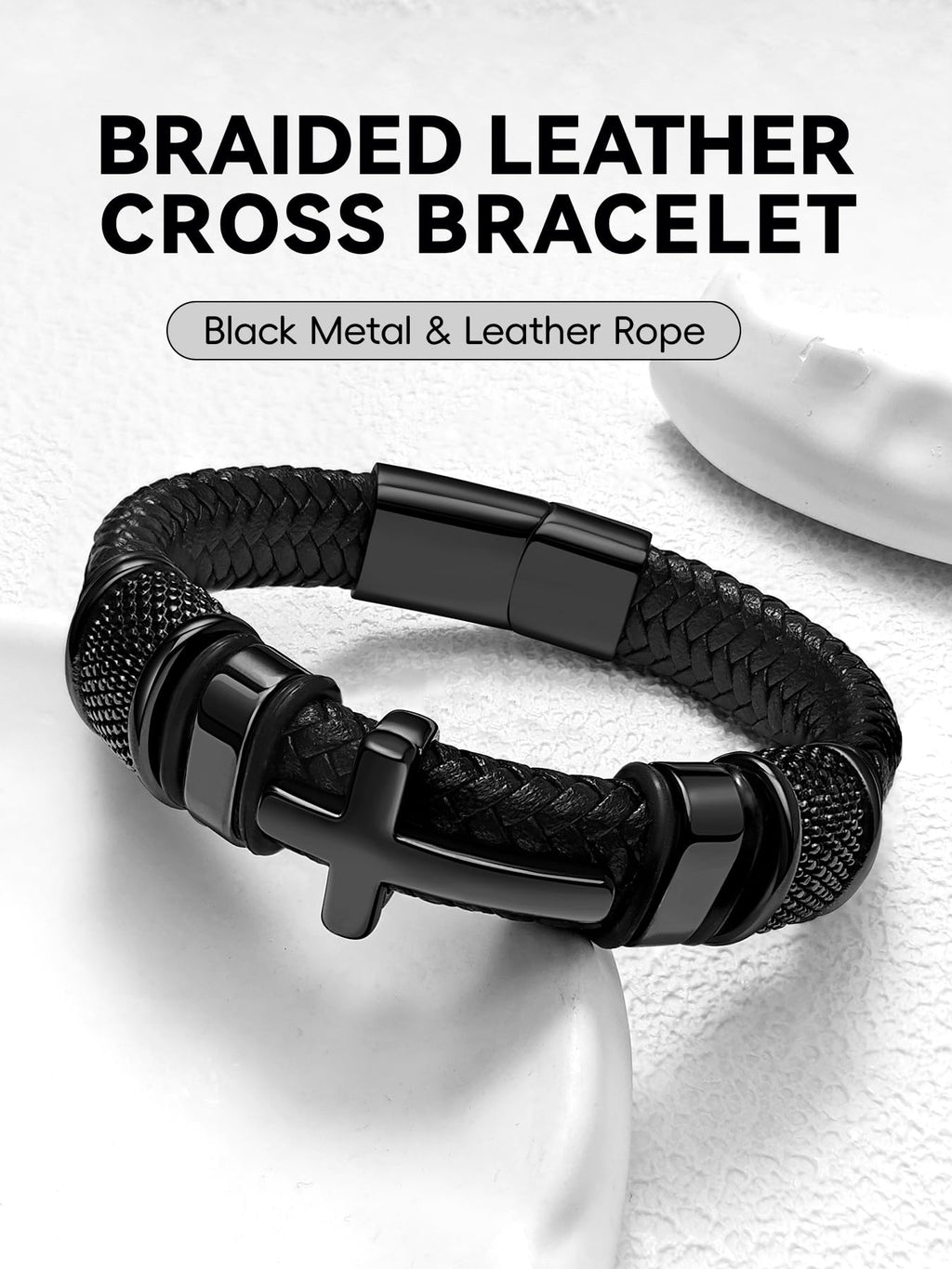Oaldilee Black Cross Cuff Bracelet for Men, Stainless Steel Braided Leather Bible Verse Jesus Bracelet, Inspirational Faith Gift for Dad Brother Son Religious Baptism Confirmation Gifts, 9 Inches