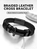 Oaldilee Black Cross Cuff Bracelet for Men, Stainless Steel Braided Leather Bible Verse Jesus Bracelet, Inspirational Faith Gift for Dad Brother Son Religious Baptism Confirmation Gifts, 9 Inches