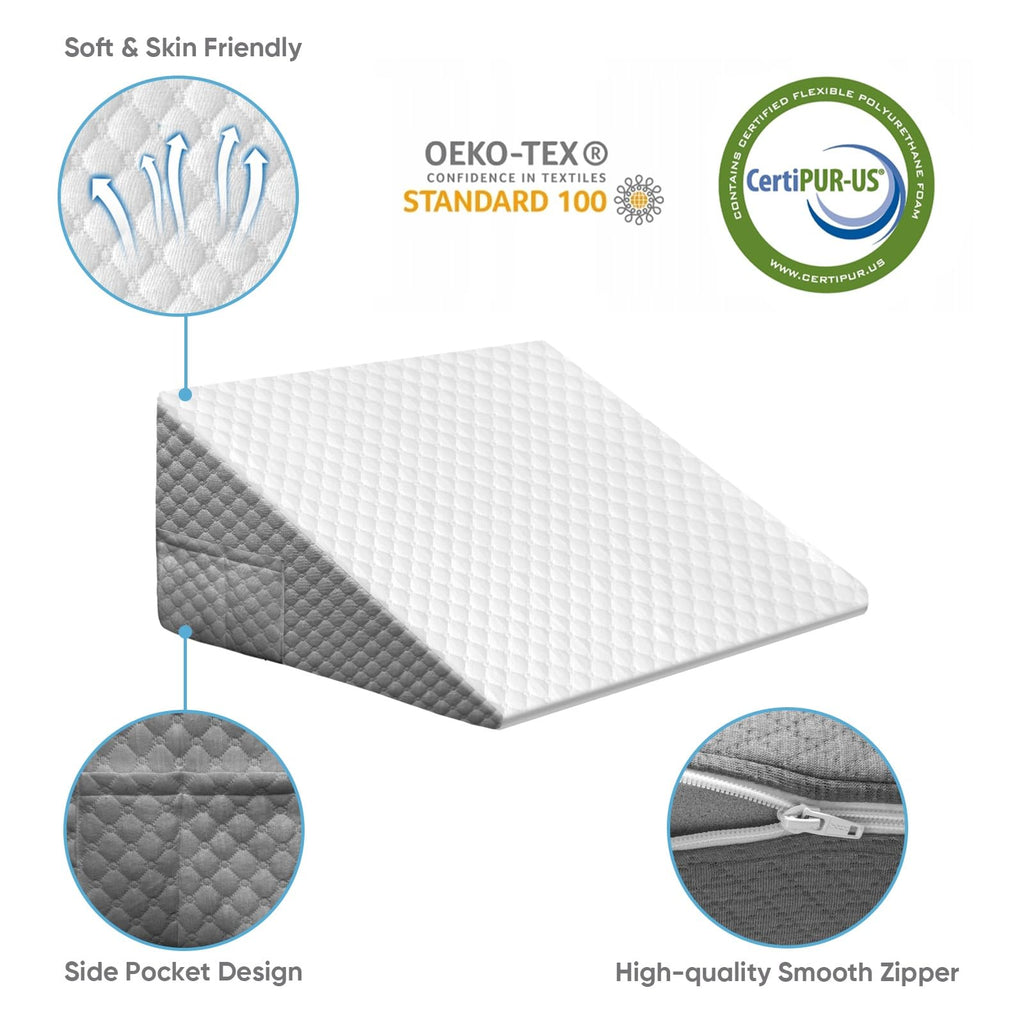 Wedge Pillow, 10 Inch Bed Wedge Pillow for Headboard, Pillow Wedge for Acid Reflux Relief, After Surgery, Sleeping，Back Pain Relief, Memory Foam Top, LightGrey