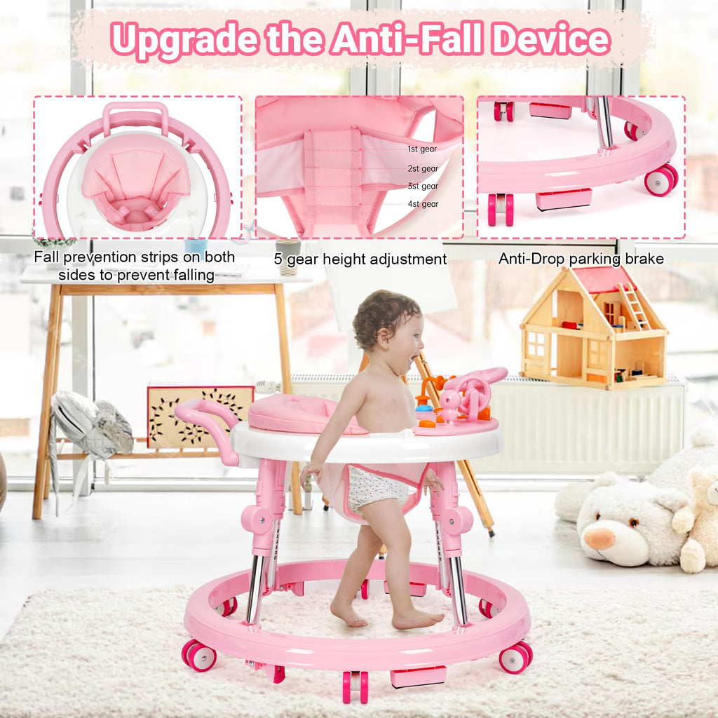 HolyBase Music and Lights Baby Walker Foldable with 9 Adjustable Heights, Baby Walker with Wheels Portable, Infant Toddler Walker for Baby Boy Girls 6-18 Months