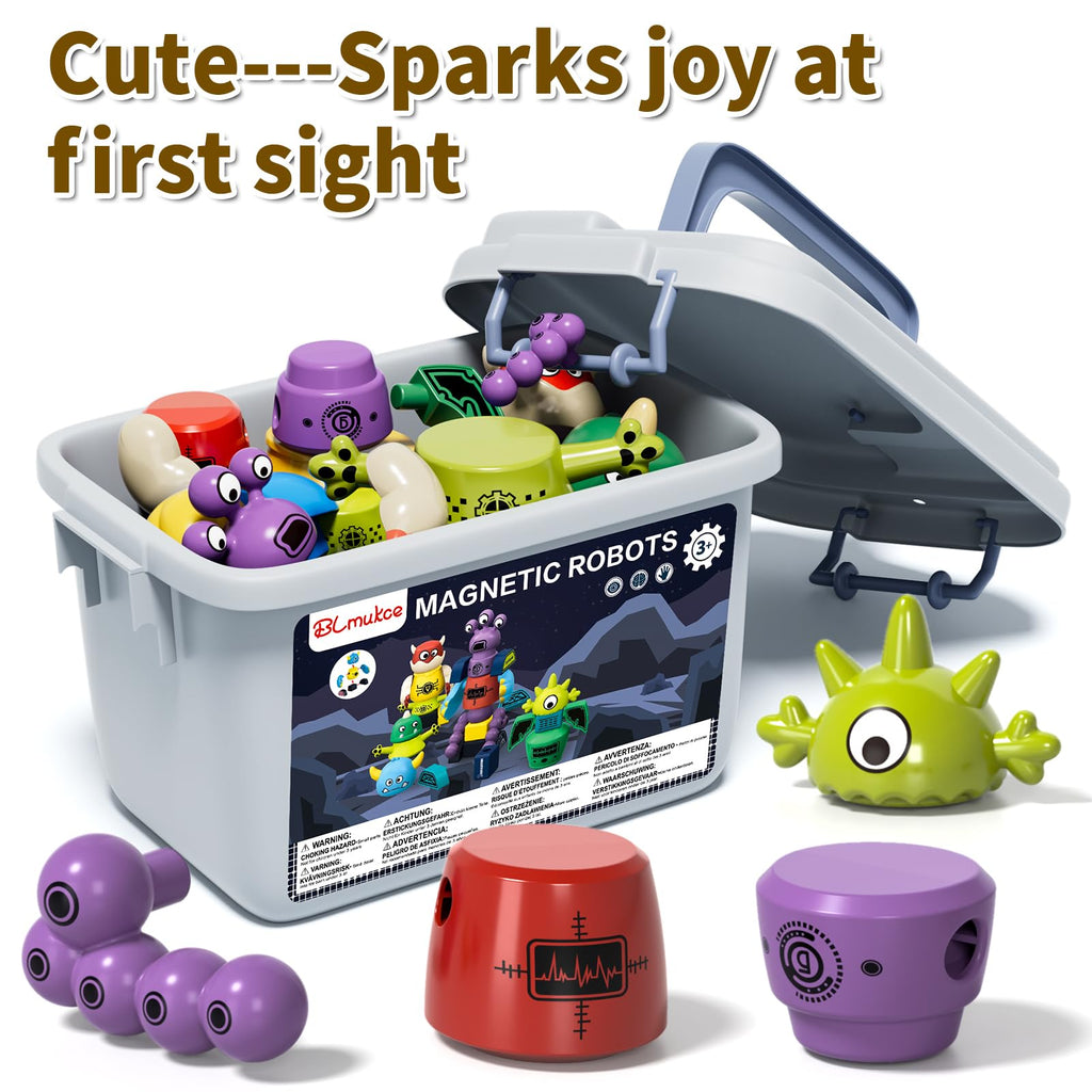 BLmukce Magnetic Robot Toy for Kids 3-5, 35 PCS STEM Educational Playset with Storage Box, DIY Stacking Monster Robots, Kids Creative Alien Toys Gift for Boys Girls (Christmas Birthday)