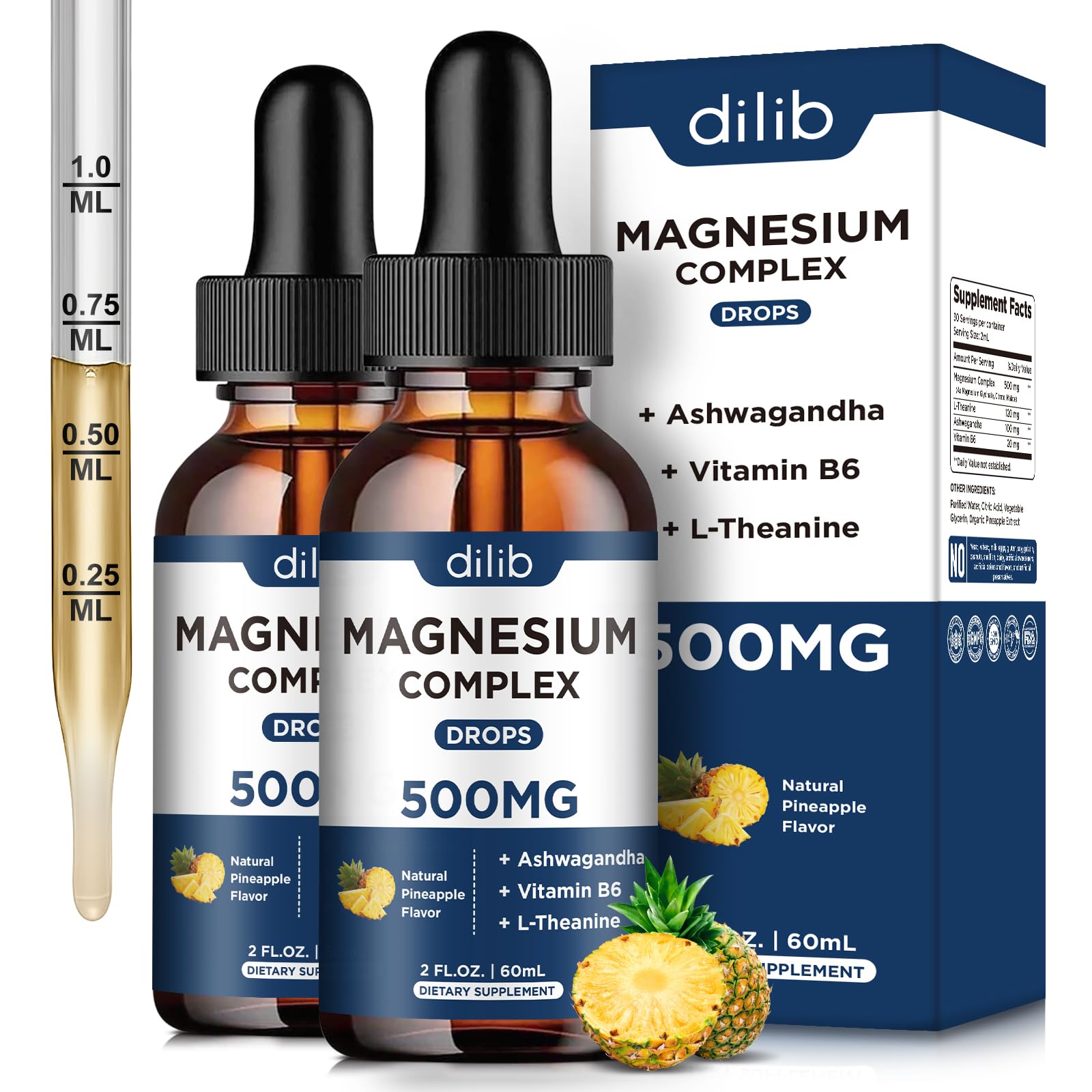 Magnesium Glycinate Liquid Drops 500mg - Triple Magnesium Complex Supplement with Citrate, Malate, Ashwagandha, L-Theanine, Vitamin B6 for Sleep, Stress Relief, Muscle, Pineapple Flavor 4 Fl Oz