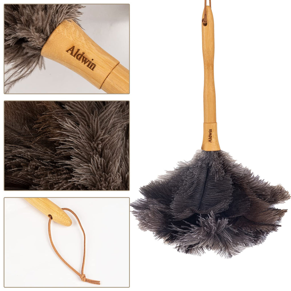 Genuine Ostrich Feather Duster, 16 inch Gray Ostrich Feather Duster with Wood Handle, Reusable Car Dusters, Eco-Friendly Handheld Cleaning Dusters for Home, Office and Kitchen