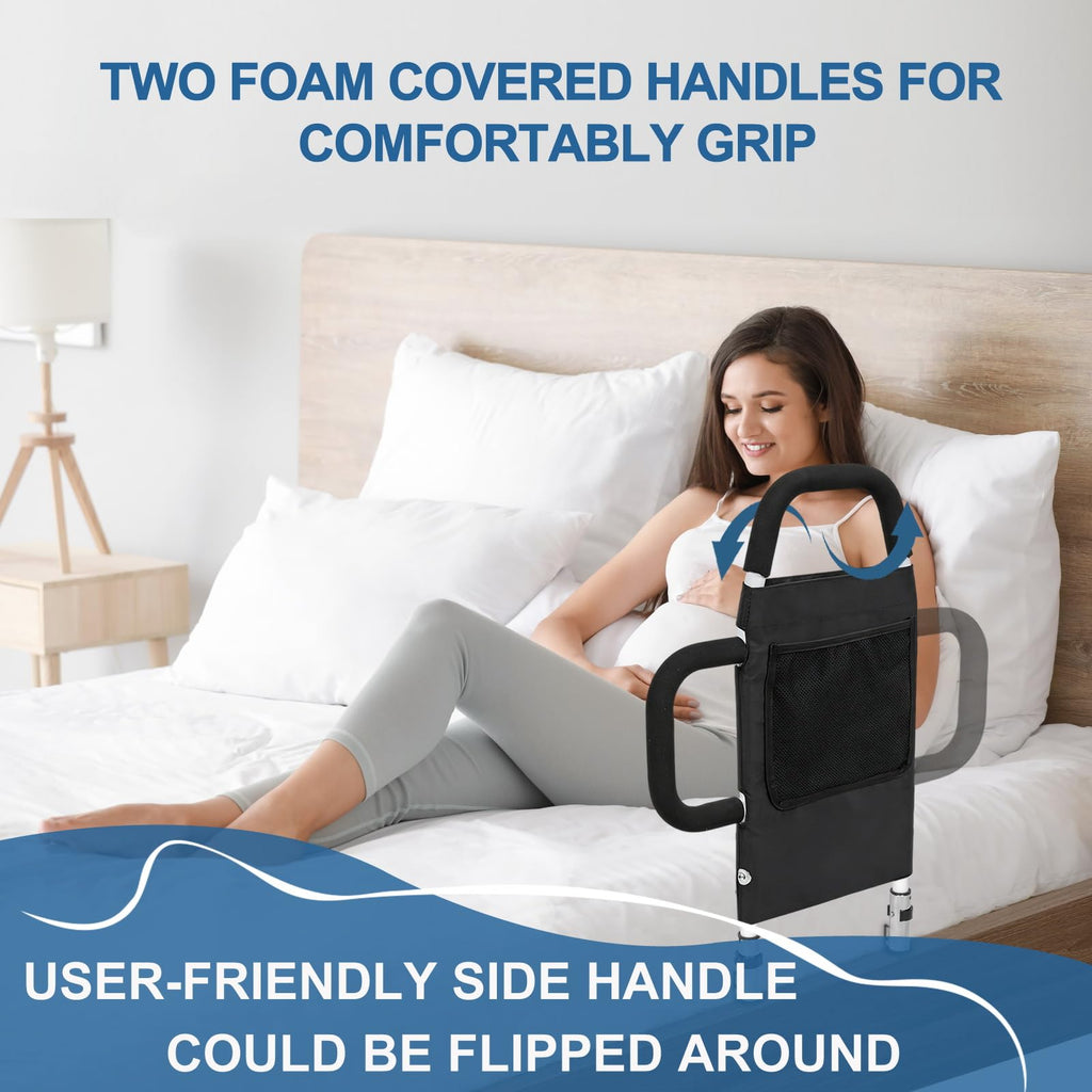 HEPO Bed Rails for Elderly Adults Safety with Storage Pocket, Assist Rail with Dual Grab Bars for Easily Getting in & Out of Bed, Bed Rail Fits King, Queen, Full, Twin Bed