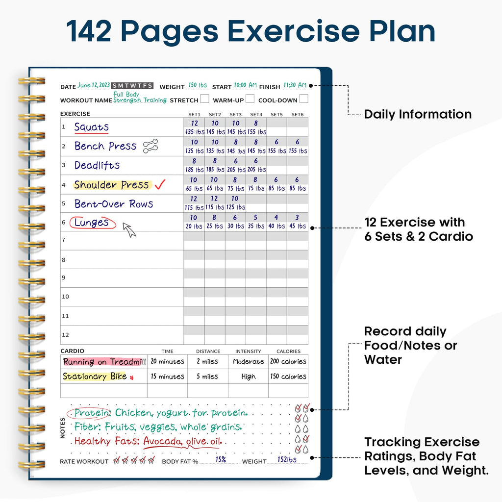 Fitness Workout Journal for Women & Men, A5(5.5" x 8.7") Workout Log Book Planner for Tracking, Progress, and Achieving Your Wellness Goals-Navy Blue