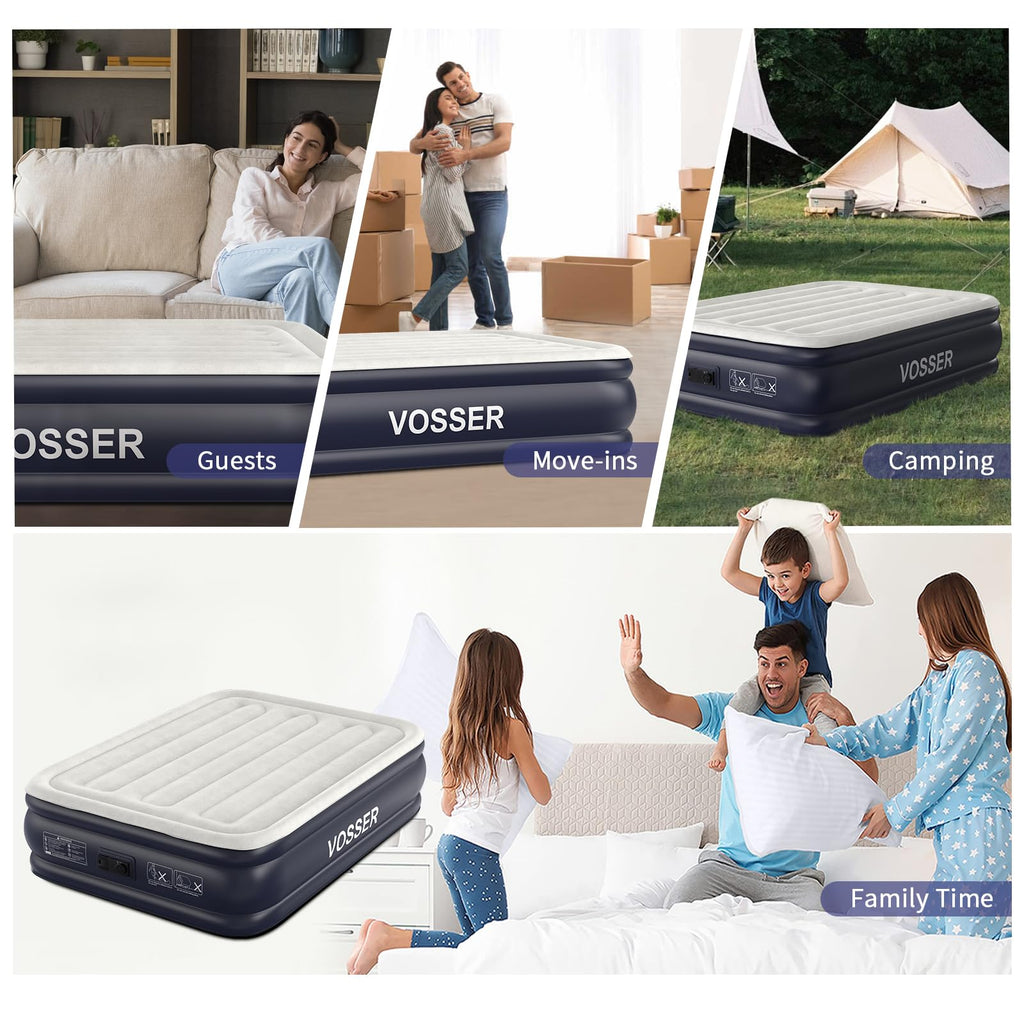VOSSER Air Mattress Full with Built in Pump,18''Inflatable Mattress of Upgraded Vertical Beams,Self Inflatable/Deflation Blow Up Mattress in 3 Mins,Flocked Top Airbed with Carry Bag for Home, Camping
