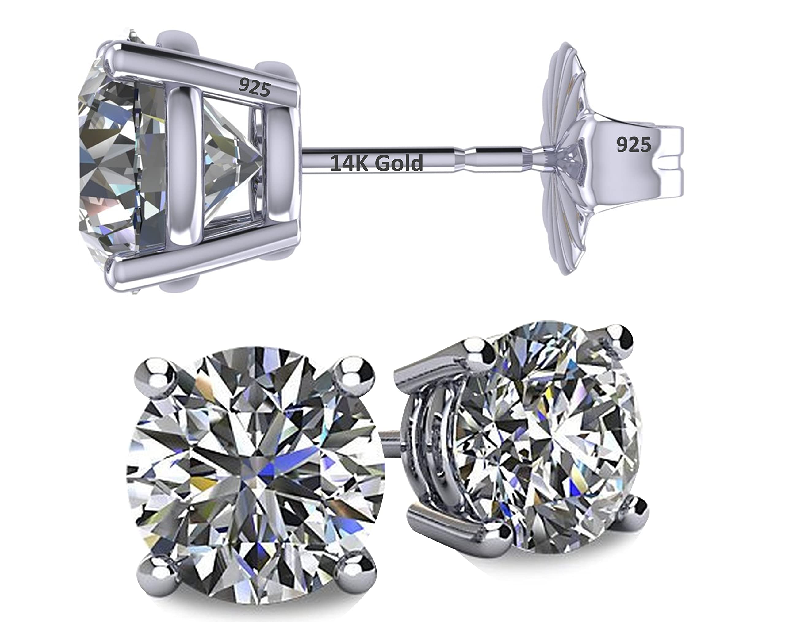 Central Diamond Center 14K Solid Gold Post & Sterling Silver Made with Swarovski 4 Prong CZ Stud Earrings - Platinum Plated - 5.25mm - 1.00cttw