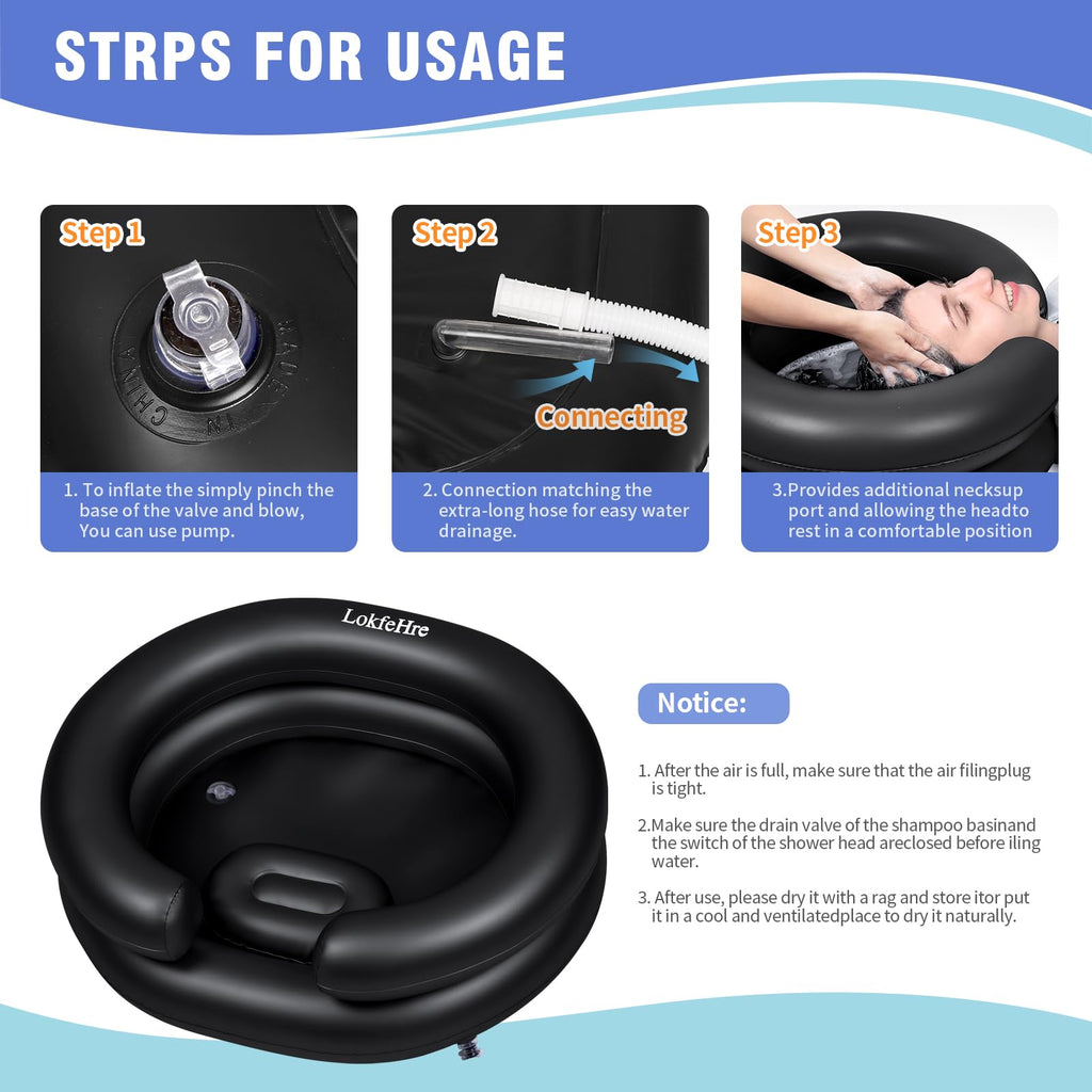 Portable Inflatable Hair Washing Basin for Bedridden - Wash Hair in Bed with Inflatable Shampoo Bowl.For Elderly,Disabled,Injured,Ideal Inflatable Sink for Locs Detox (Black, 18in Inner)