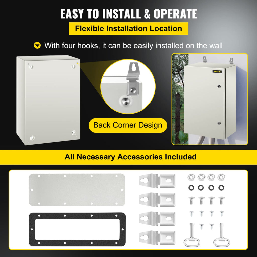 VEVOR NEMA Steel Enclosure, 24 x 16 x 10'' NEMA 4X Steel Electrical Box, IP66 Waterproof & Dustproof, Outdoor/Indoor Electrical Junction Box, with Mounting Plate
