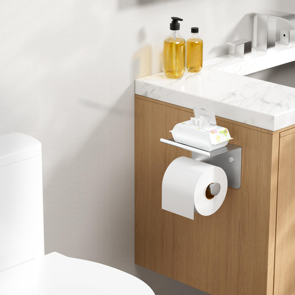 FORIOUS Toilet Paper Holder with Shelf, Adhesive or Screw, Commercial
