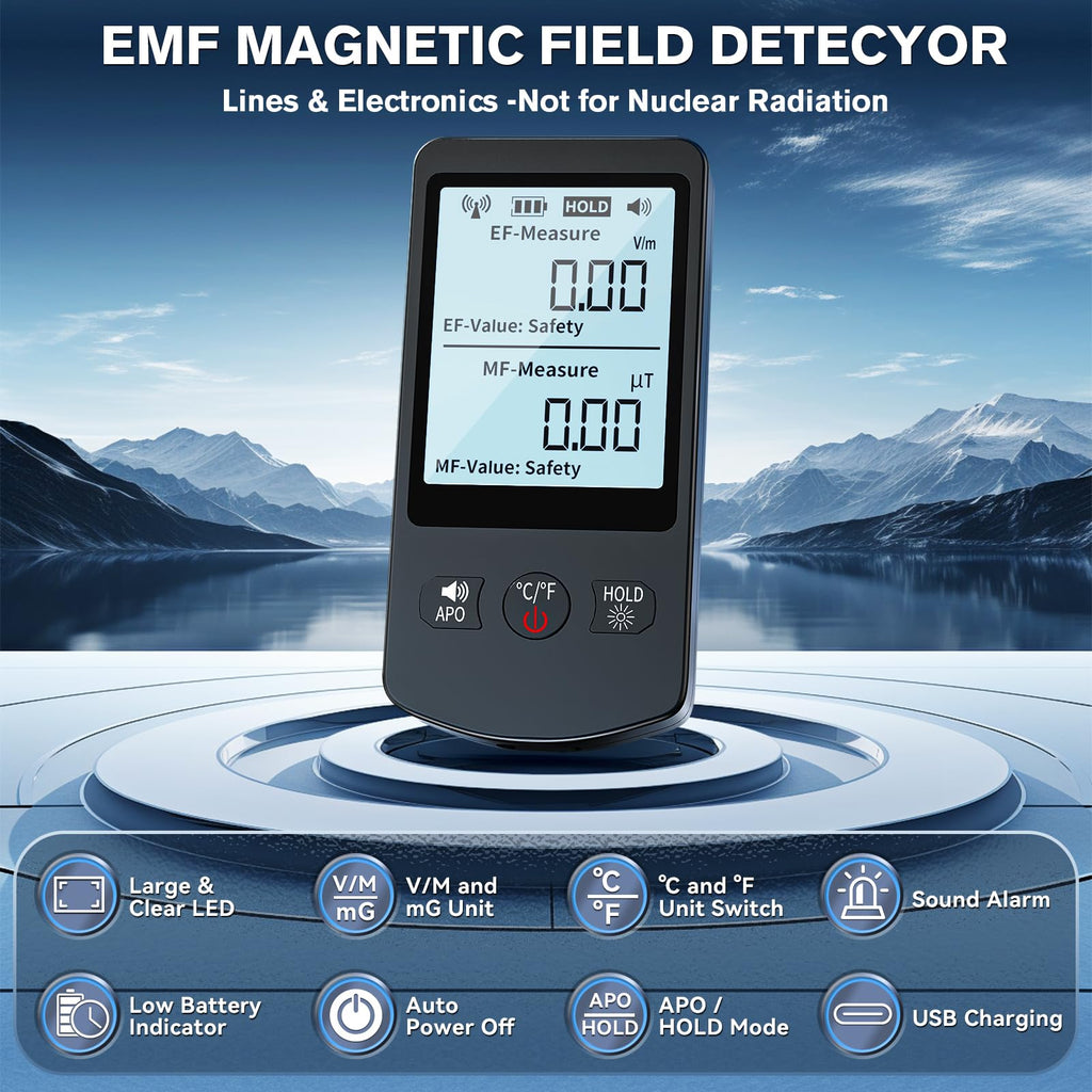 COLOR TREE EMF Meter Rechargeable Electromagnetic Field Upgrated 3-in-1 Radiation Detector Handheld Digital LCD Temperature Measure - Tester for Home Inspections - Outdoor and Ghost Hunting