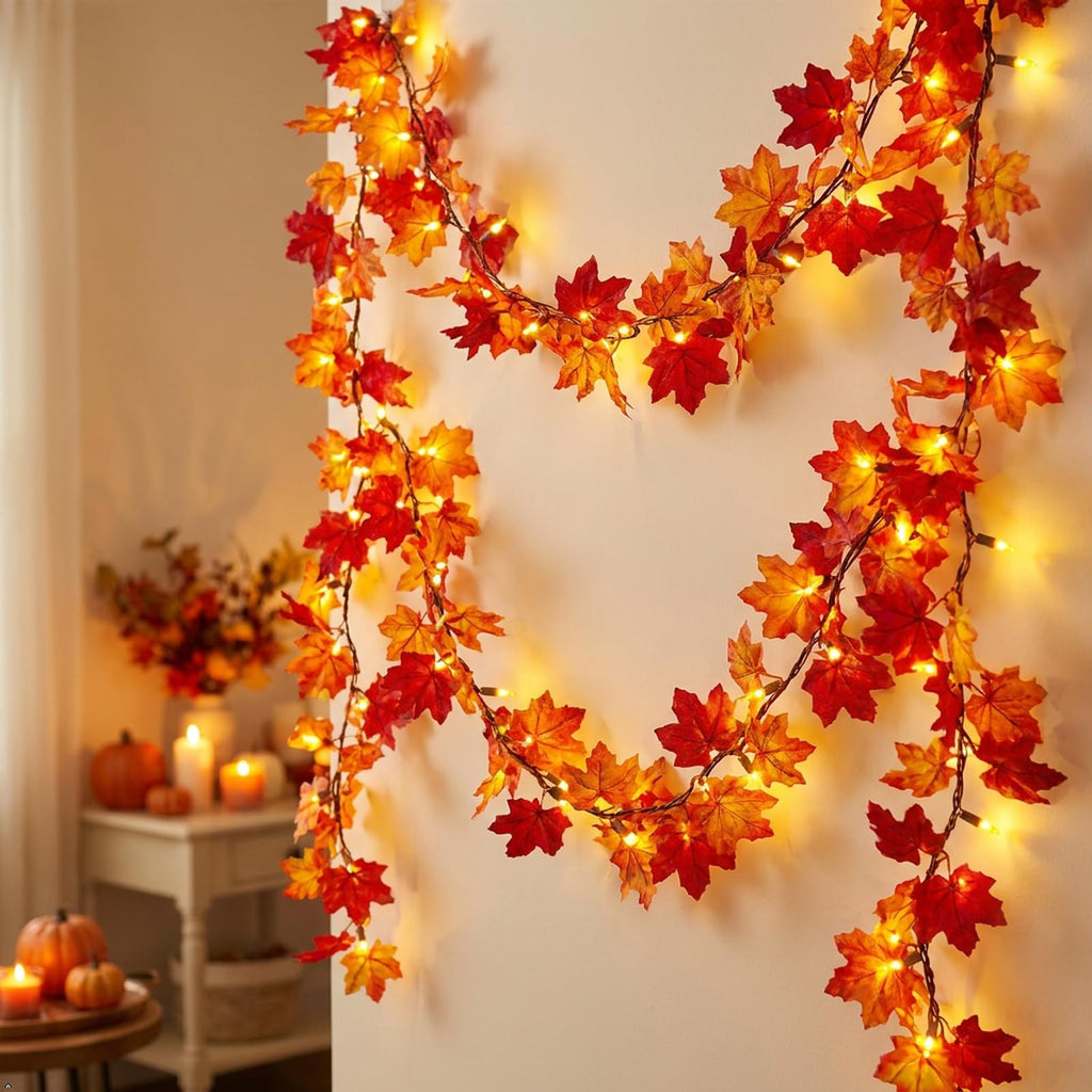 Brillarlights Fall Leaf Garland with Lights Plug in, 11FT Lighted Maple Leaf Garland with 50 Orange Bulbs, Connectable Fall Decorations for Home, Thanksgiving Halloween Mantel Stairs Porch Decor
