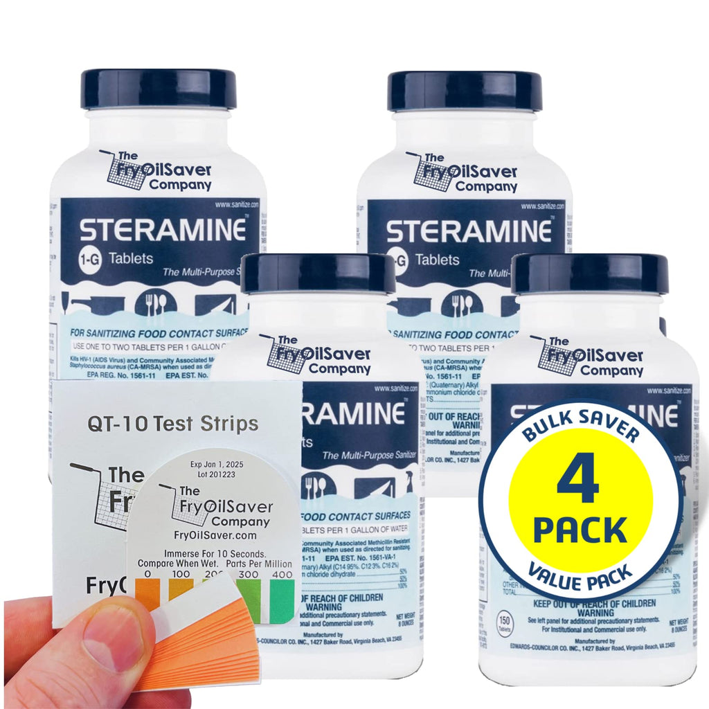 4 Bottles Steramine Sanitizer Tablets - 15x QT-10 Test Strip - Multi Purpose Steramine Sanitizing Tablets for Food Contact Surface, Kitchen, Restaurant Cleaning & Food Truck by FryOilSaver (600 Count)