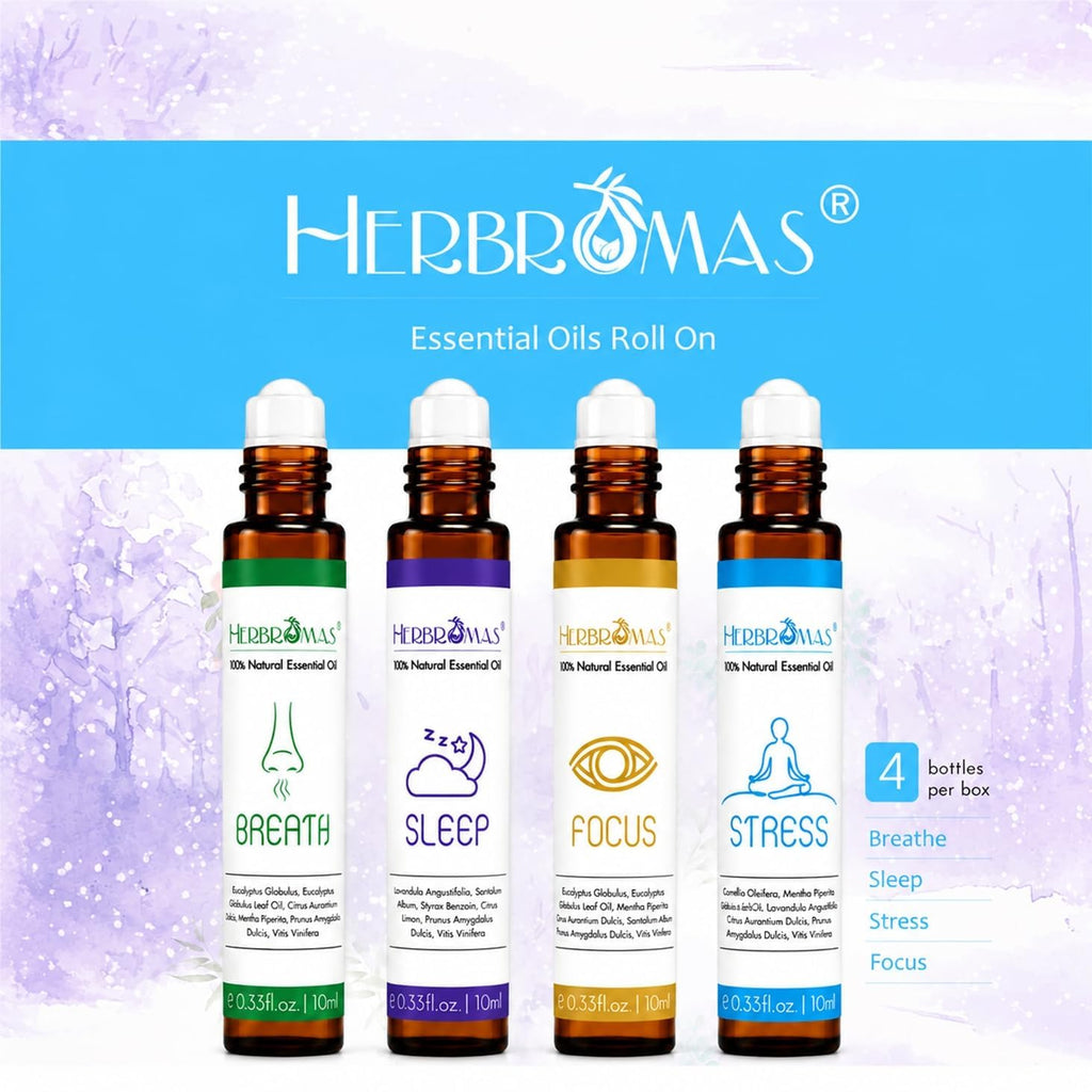 HERBROMAS Aromatherapy Oils Roller Set, Natural Pre-diluted Essential Oils Roll On with Glass Rollerball, Relaxation Gift for Women & Men, Christmas Gift, Pack 4 x 0.33fl.oz