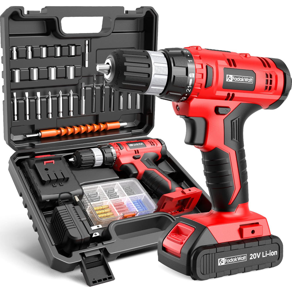 FADAKWALT Cordless Drill Set, 20V Electric Power Drill With Battery And Charger, 30N Torque, 21+1 Settings, 3/8-Inch Keyless Chuck, Driver Bits Kit, LED Light (Red）