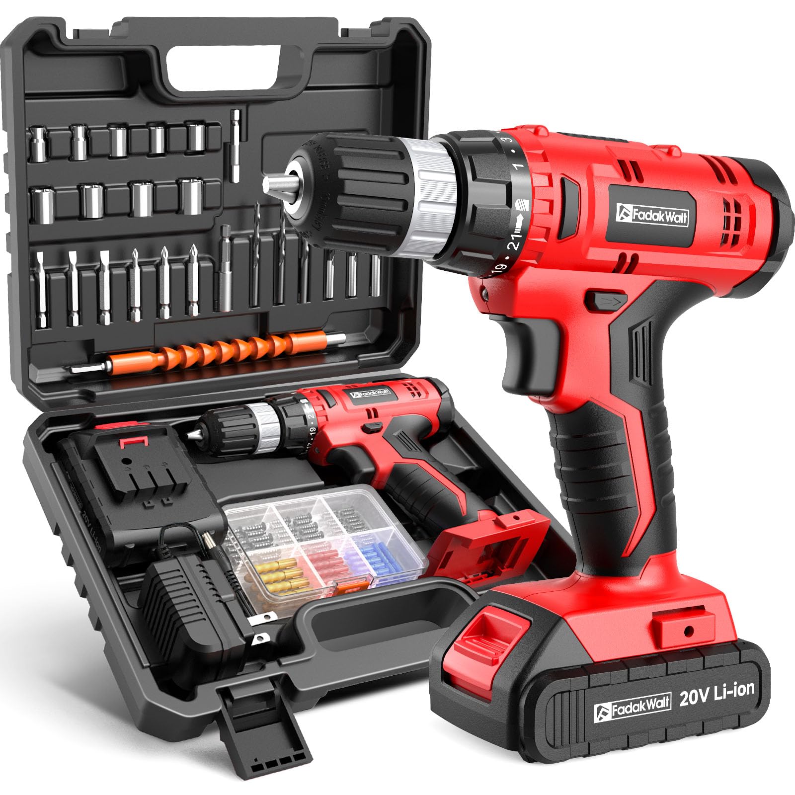 FADAKWALT Cordless Drill Set, 20V Electric Power Drill With Battery And Charger, 30N Torque, 21+1 Settings, 3/8-Inch Keyless Chuck, Driver Bits Kit, LED Light (Red）