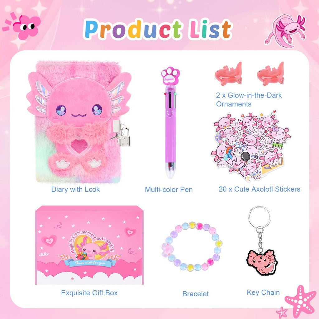 homicozy Axolotl Diary with Lock, Gift for 6 7 8 Year Old Girl, Secret Diary Journal Tie-Dye Fuzzy Notebook with 160 Pages,Cute Stationery Axolotl Gift for Girls