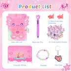 homicozy Axolotl Diary with Lock, Gift for 6 7 8 Year Old Girl, Secret Diary Journal Tie-Dye Fuzzy Notebook with 160 Pages,Cute Stationery Axolotl Gift for Girls