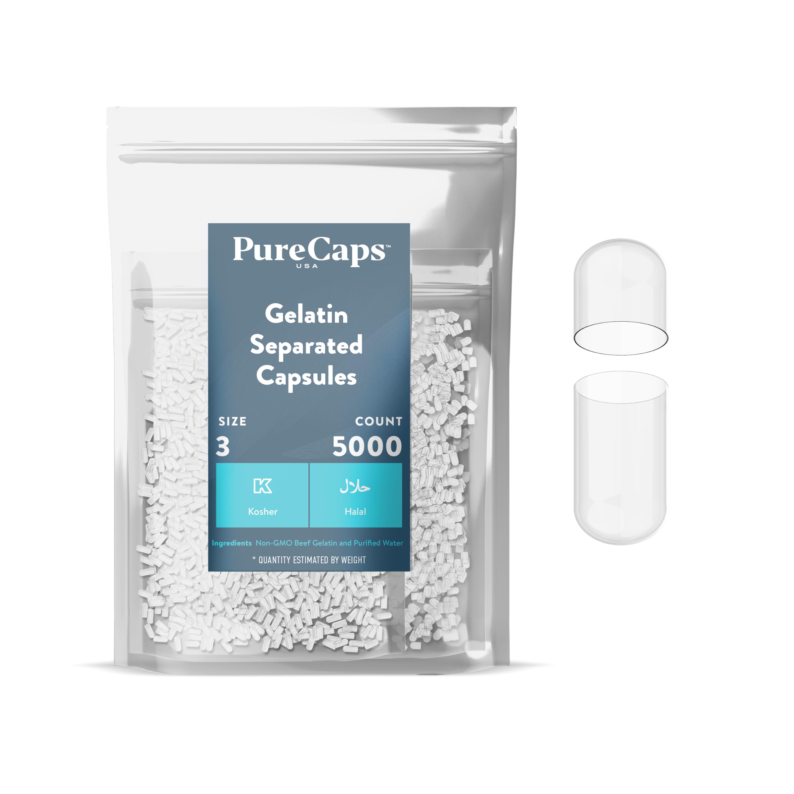 PureCaps USA - Empty Gelatin Capsules Size 3| 5,000 Separated Pills| Clear| Non-GMO Certified | SLS, Gluten, Preservative Free