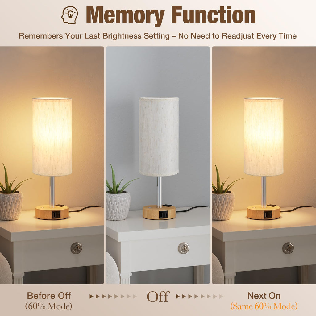 Touch Bedside Table Lamp with Memory - Stepless Dimmable Lamp for Bedroom, Small Nightstand Lamp with Dual USB Charging Ports and AC Outlet, Wood Night Light, Desk Lamp for Nursery, Living Room, Dorm