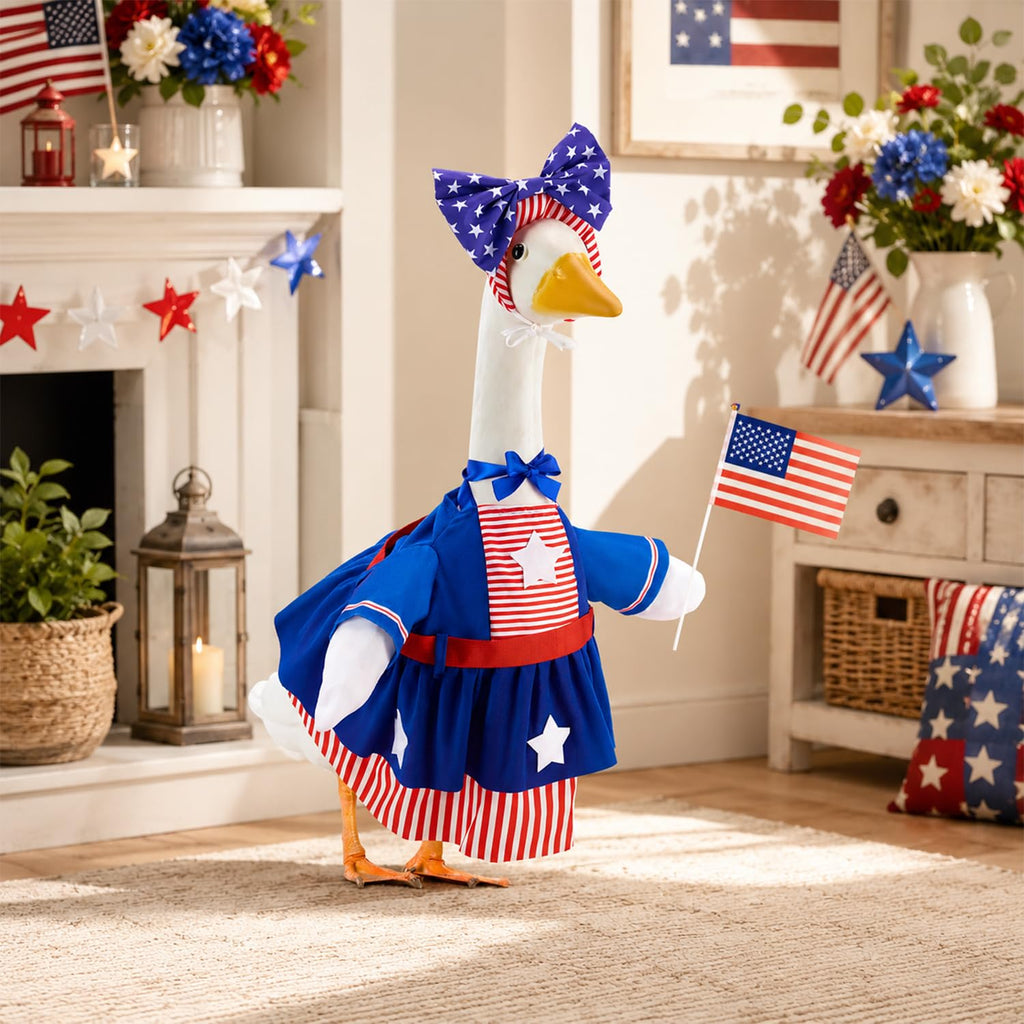 Btiztlla 4 of July Porch Goose Outfit for 23 Inch, Patriotic Red White Blue Decorative Goose Clothes, Independence Day Porch Yard Garden Decor