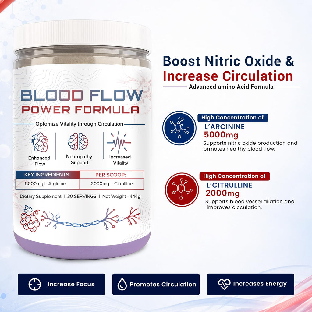 The Blood Flow Power Formula Neuropathy Drink Powder, High Concentration of L ‘Arginine and Citrulline, to Boost Circulation and Support Neurological Health – 444 Grams/30 servings