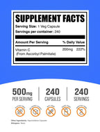 BulkSupplements.com Ascorbyl Palmitate Capsules - Vitamin C Ester, Vitamin C Supplement - Vegan & Gluten Free, 1 Capsule per Serving (500mg), 240 Count (Pack of 1)