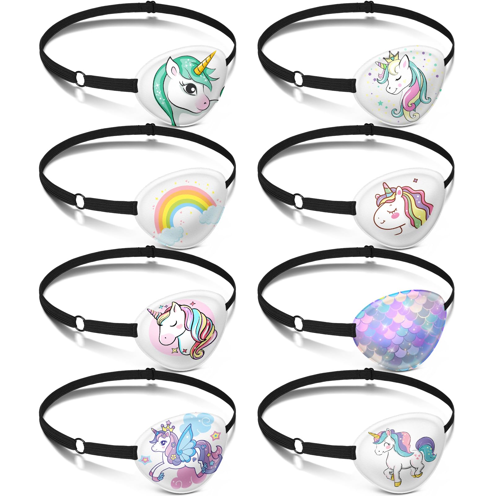 Eurzom 8 Pcs Unicorn Style Fabric Eye Patches for Kids, Adjustable Single Eye Patch with Elastic Strap, Reusable, Various Patterns, Halloween, Party, One Size, Hairband, Children, Unisex, 8 Count