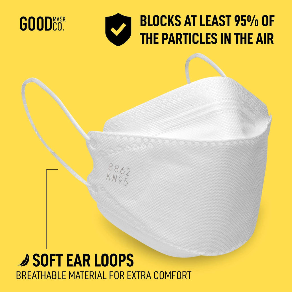 Good Mask Co. Good Comfort KN95 Face Mask, Disposable KN95 Face Mask, Folding, Filter Efficiency =95%, Comfortable Face Masks, Bulk Face Masks (10 Pack of Masks, White)