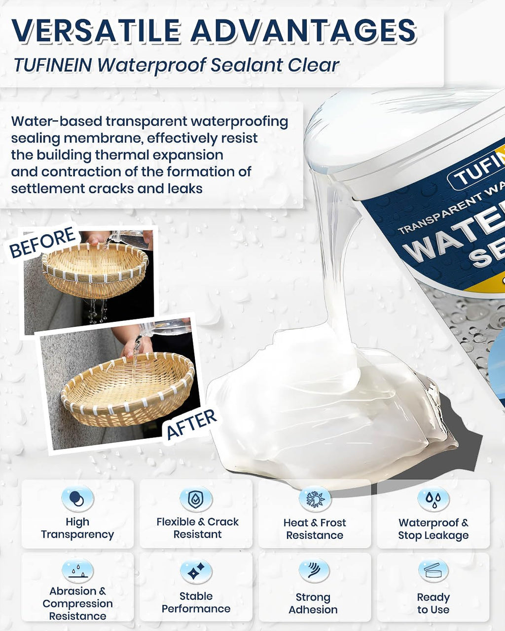 Transparent Waterproof Coating, TUFINEIN 1.32 Gallon Invisible Waterproof Agent Indoor & Outdoor Sealant Water-Based Clear Sealant Roofs, Walls, Garden, Terraces