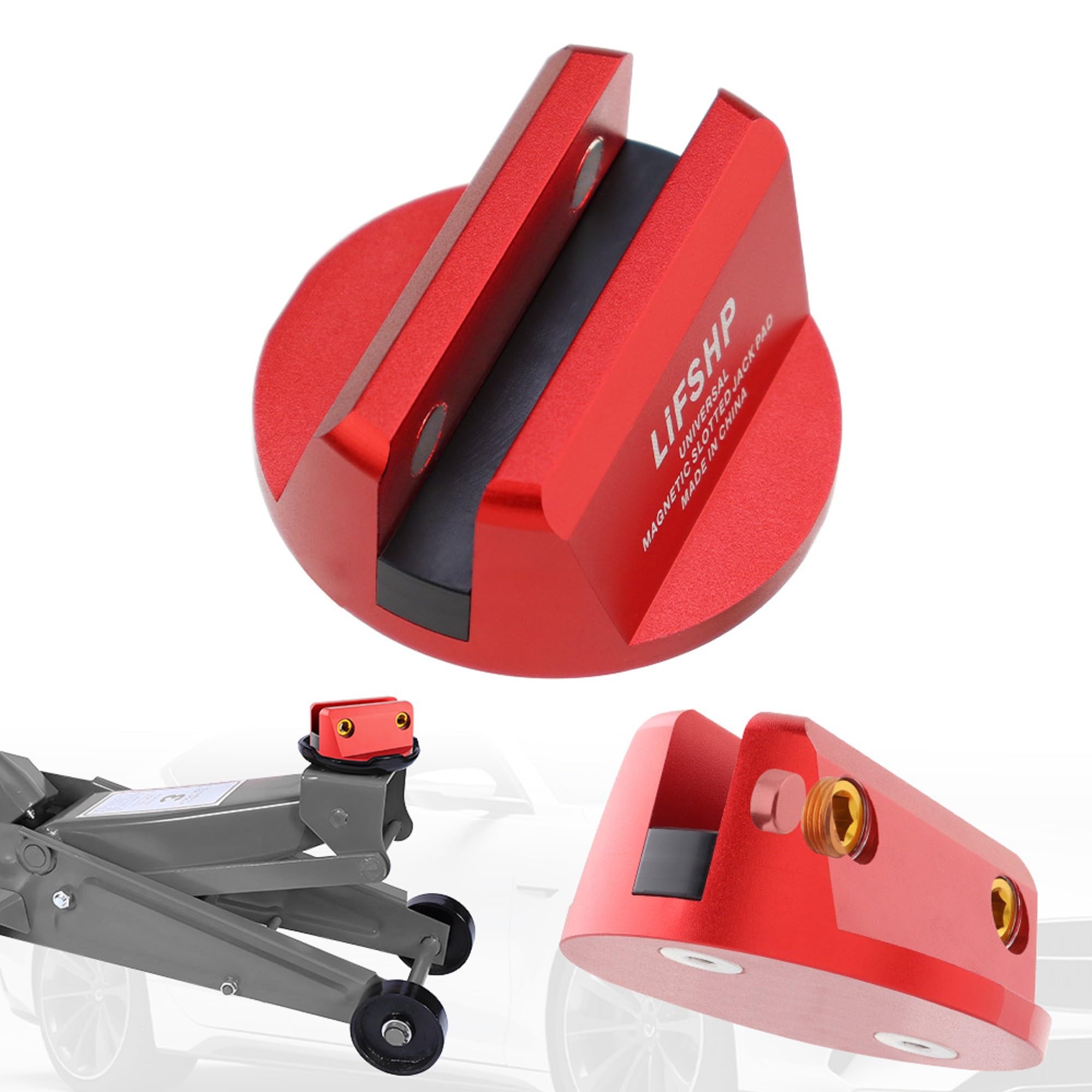 LIFSHP Universal Aluminum Grooved Magnetic Jack Pad, Jacking Puck Pinch Weld Frame Rail Adapter, for Car SUV Truck Pickup Sedan MPV Wagon, Change Tire Repair Tires Oil Change Must Have-Red